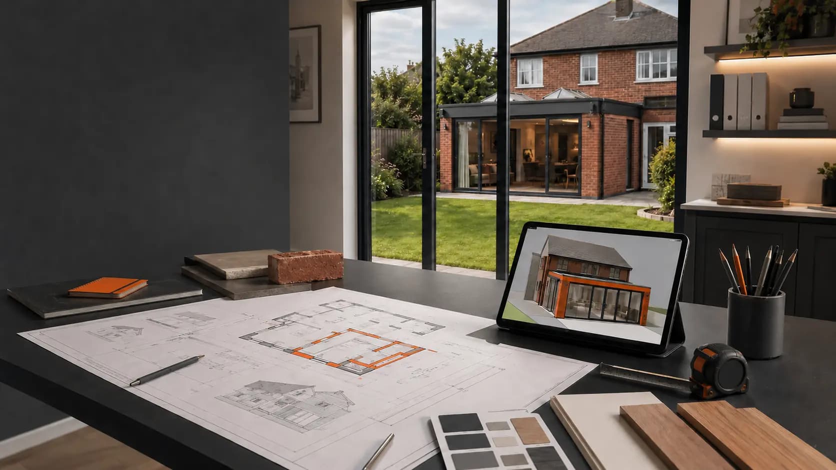 Architectural plans, material samples and a tablet showing a 3D design concept, with the finished extension visible through the doors behind