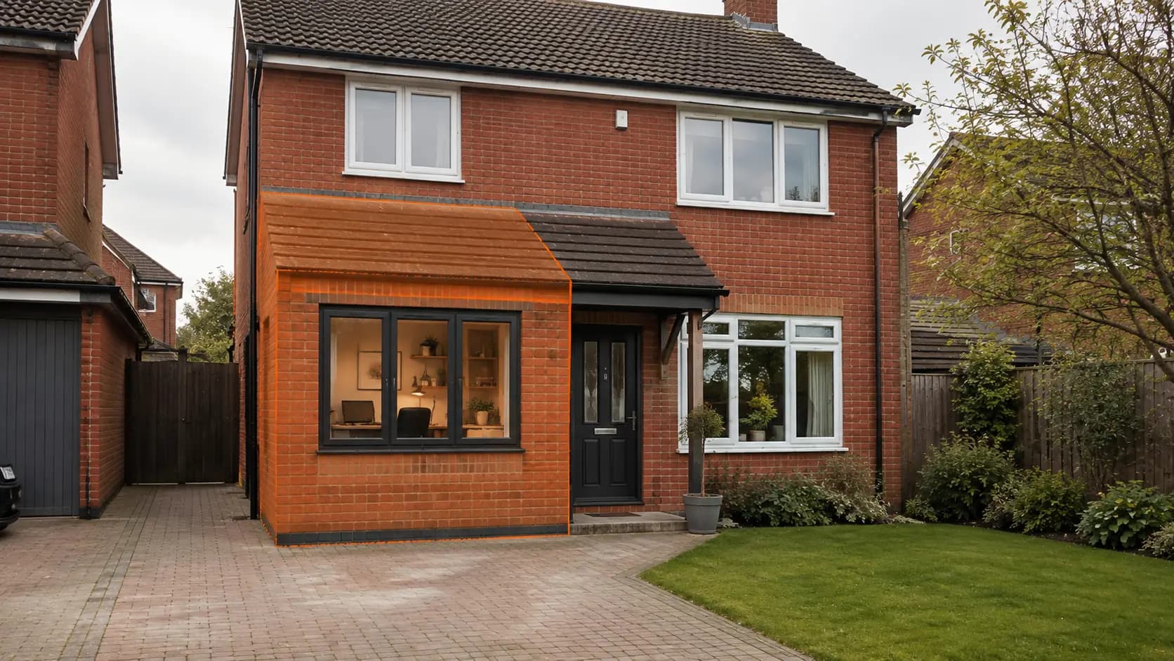 Garage conversion design concept: a garage footprint converted into a home office