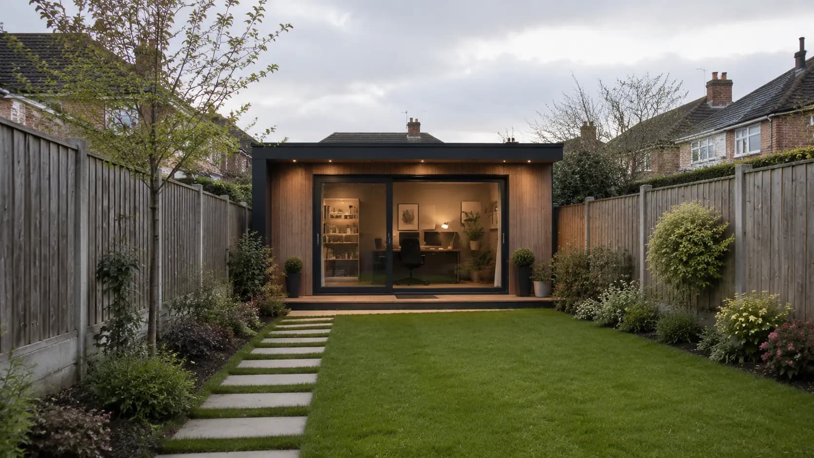 Garden office at dusk, timber-clad with interior lighting on