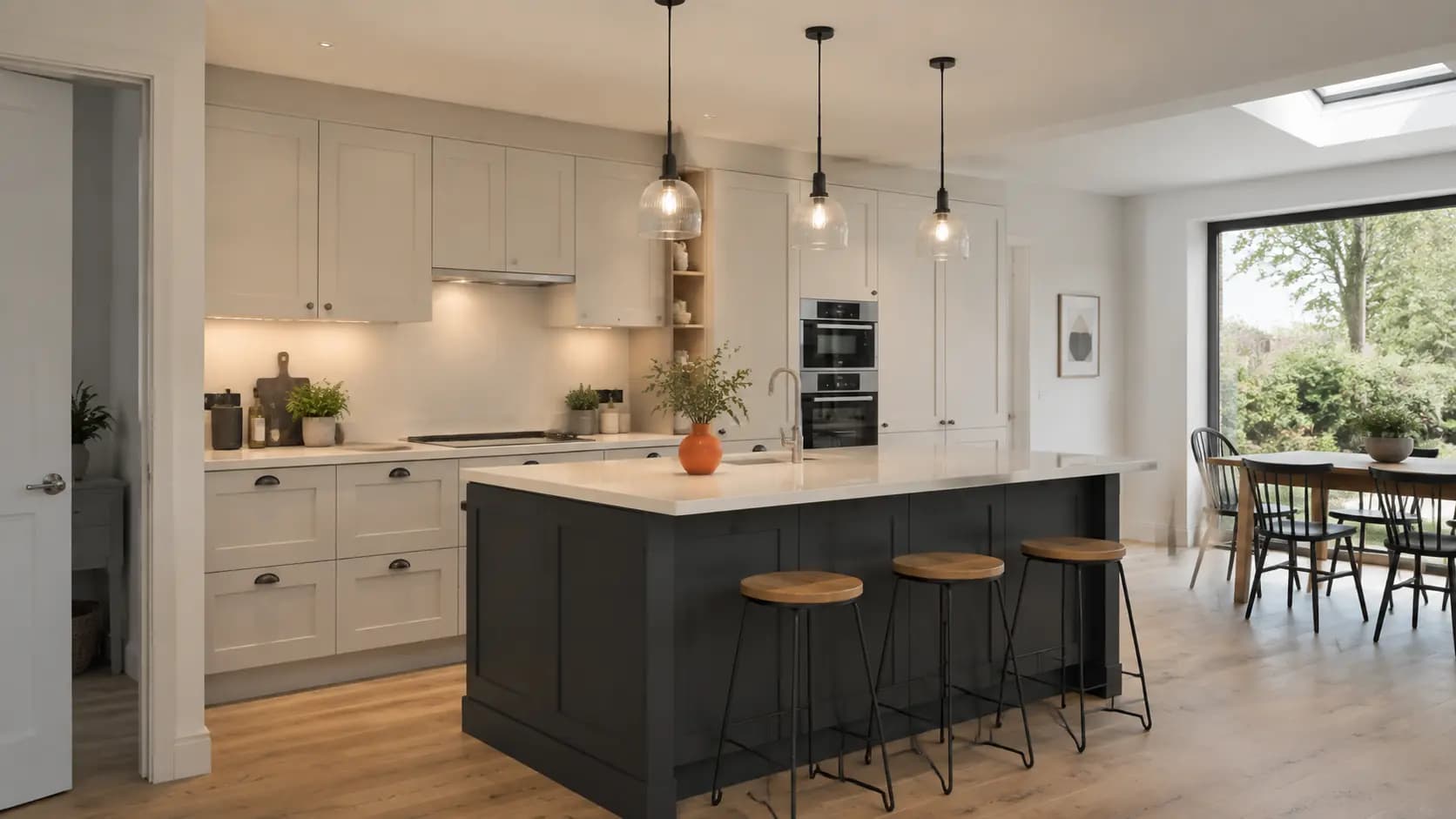 Renovated kitchen with a large island and pendant lighting